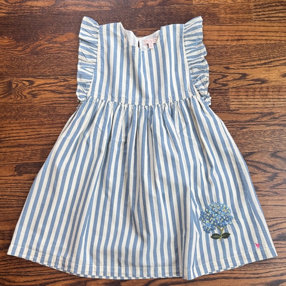 Pink Chicken Other - Pink Chicken Striped Blue & White Flutter-Sleeve Kids Dress w/ Floral Appliqué